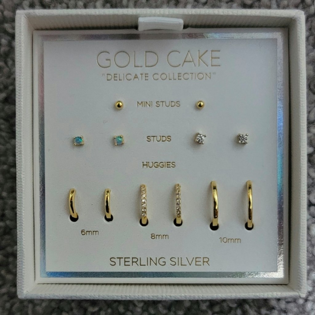 Gold Cake Steeling Silver Mini Earrings, Brand New, 6 Pairs
